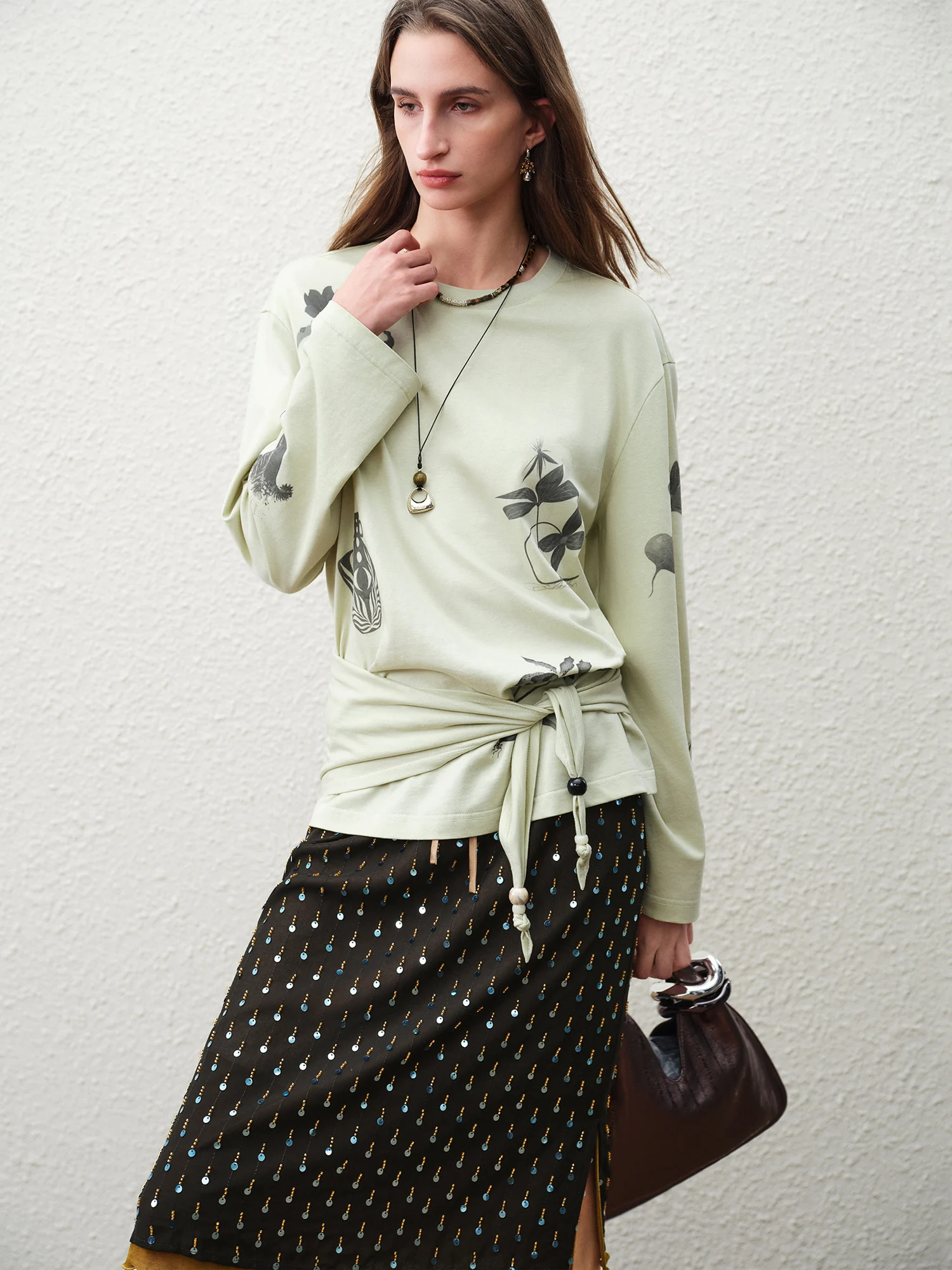 Women's Linen Blend Botanical Print Long Sleeve T-Shirt with Scarf