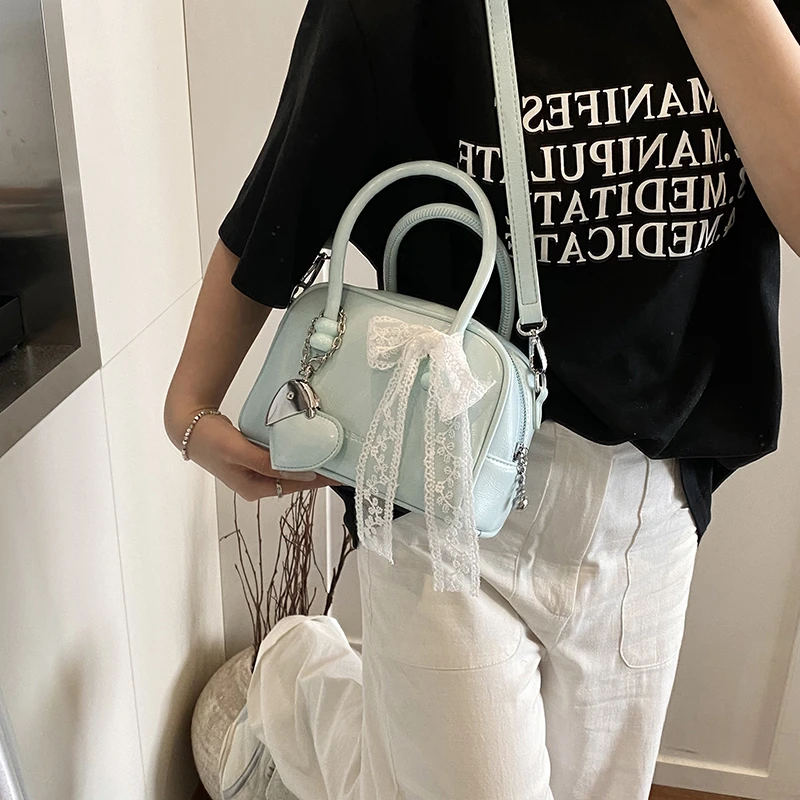 Lace Bowknot Round Handle Bag with Heart Pendant Mini Boston Shoulder Crossbody Bags for Women Designer