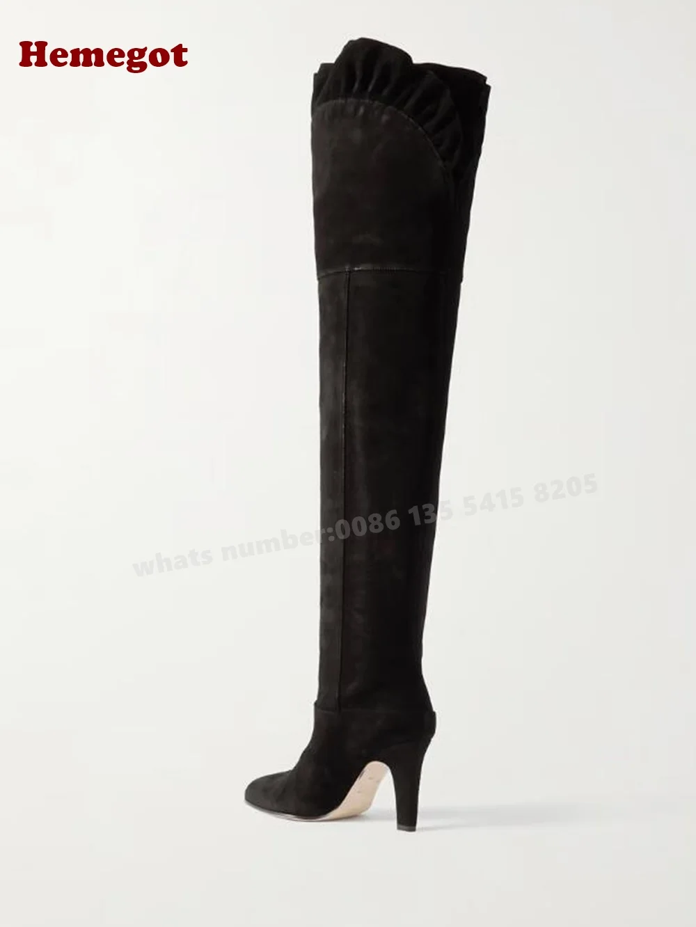 Ruffled Suede Over The Knee Boots Black Block Heeled Slip On Women's Long Boots Winter Warm Catwalk Luxury Shoes High Heel Sexy