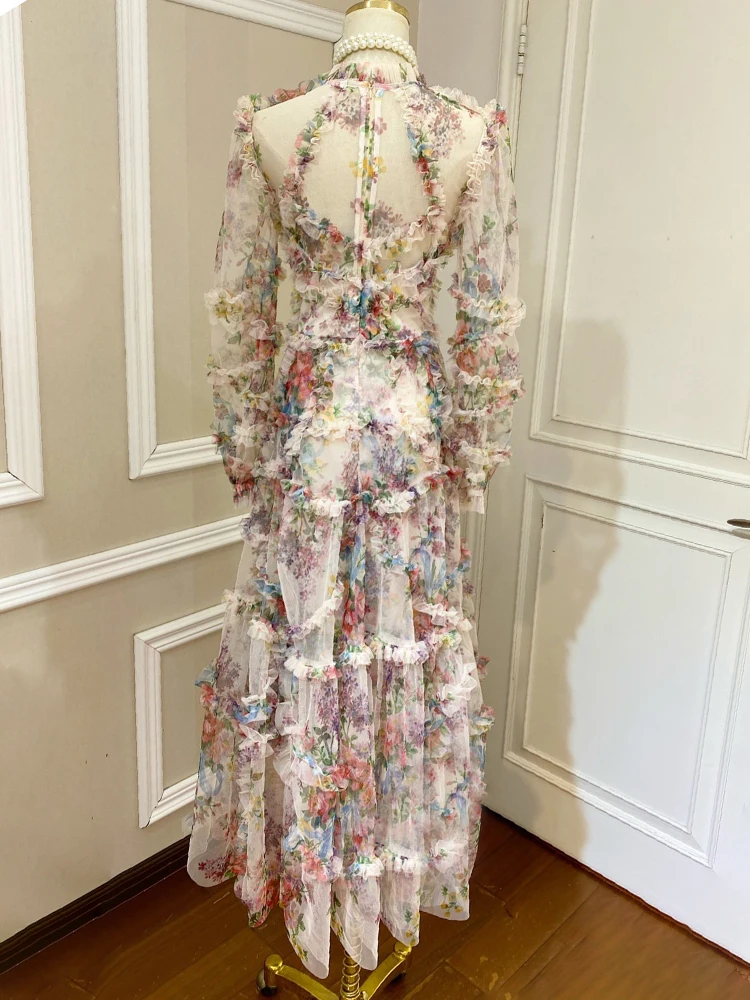 TWOTWINSTYLE Hit Color Print Dresses For Women Round Neck Lantern Sleeve High Waist Folds Elegant Dress Female Fashion Clothing