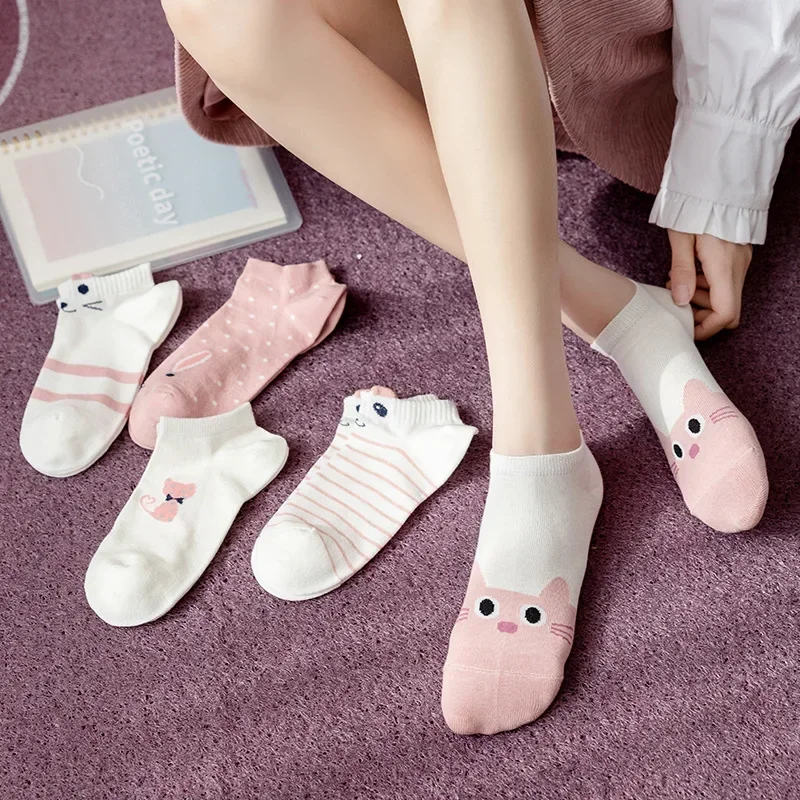 5 pares de calcetines de tubo corto para mujer, calcetines finos de gato rosa para las cuatro estaciones, bonitos calcetines de barco, calcetines bajos Ins de moda