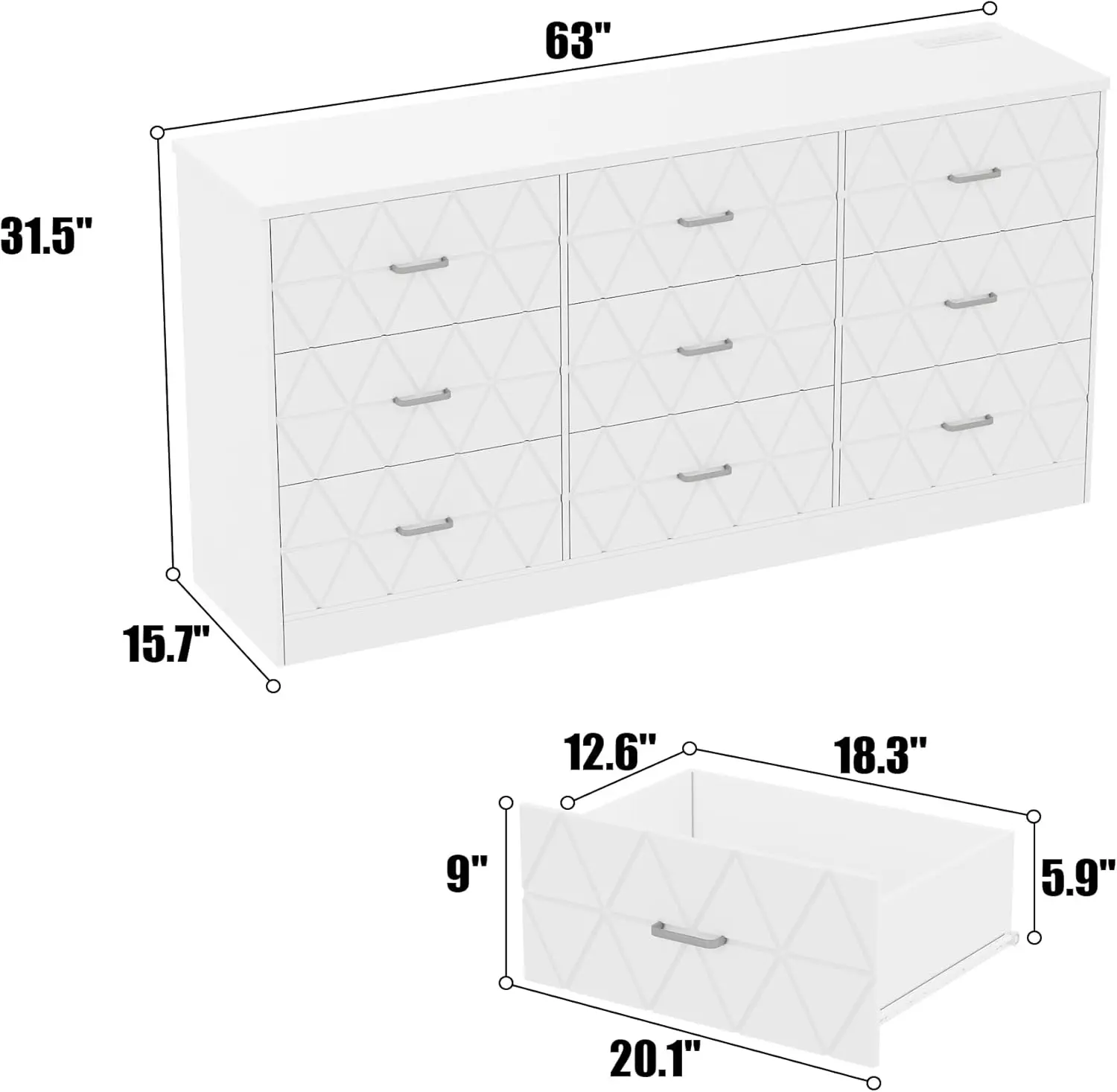 9 Drawer White Dresser for Bedroom with Power Outlet, 63'' Wooden Large Dresser with Wide Drawers, Modern Chest of Drawers