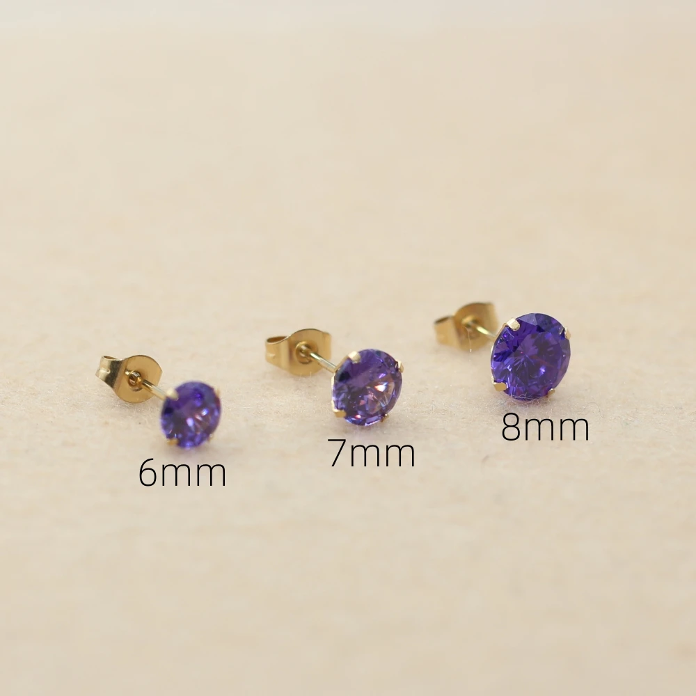 Stainless Steel Stud Earrings Vacuum Plating With 6 7 8mm Round Purple Zircon No Easy Fade Allergy Free Classic Style