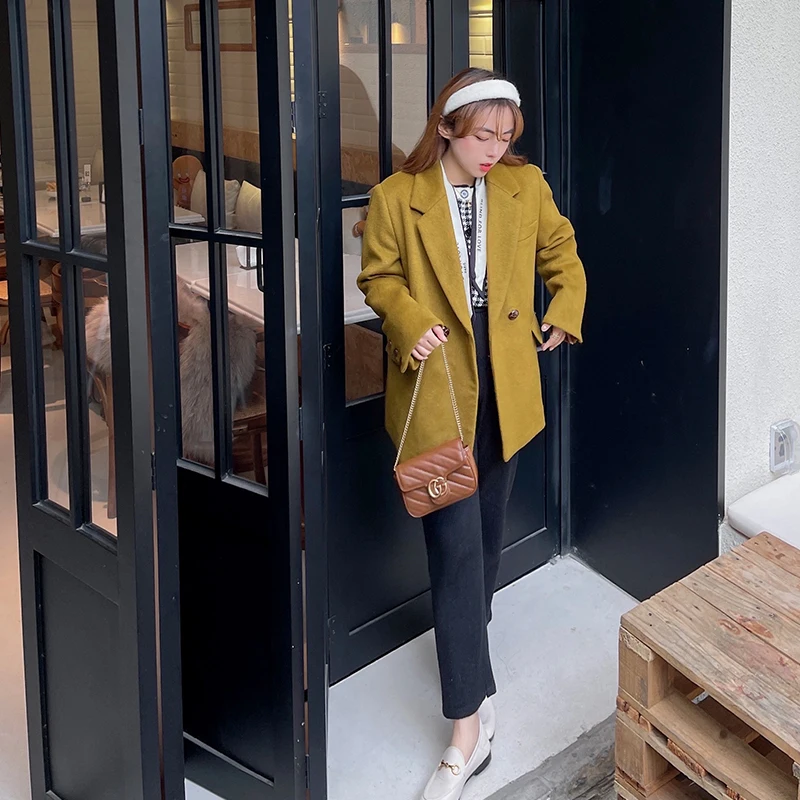 

Женский шерстяной костюм Bee-eater H-Sle, утепленный, маленький размер, горчично-желтый, однотонный, для повседневной носки, зимний