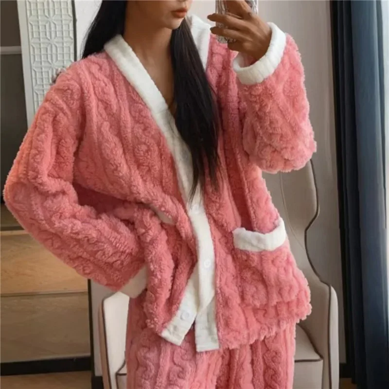 Thickened Warm And Comfortable Pajamas For Women'S Winter Long Sleeved Velvet For Women'S Home Heating Set