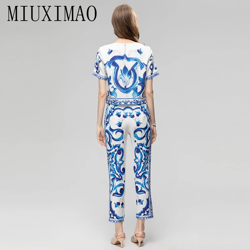 MIUXIMAO 2023 Fall  Diamond  Sicily Elegant Set blue and white porcelain Print Top+ Pants Fashion Two-piece Set Women Vestides