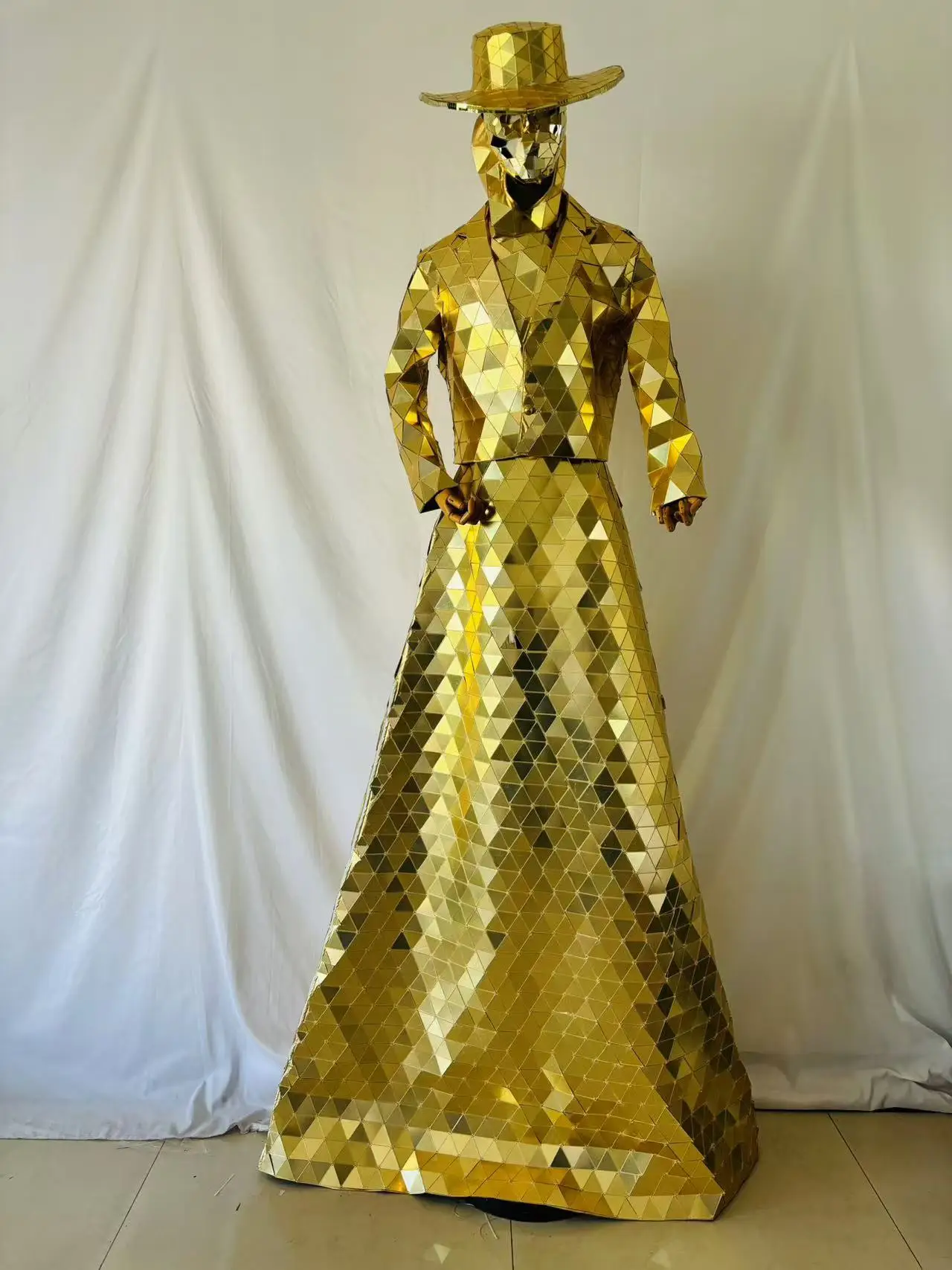 Ladies Luxury Gold Women Stilts Walker Mirror Dress Best Performance Costume Shiny Mirror Suit