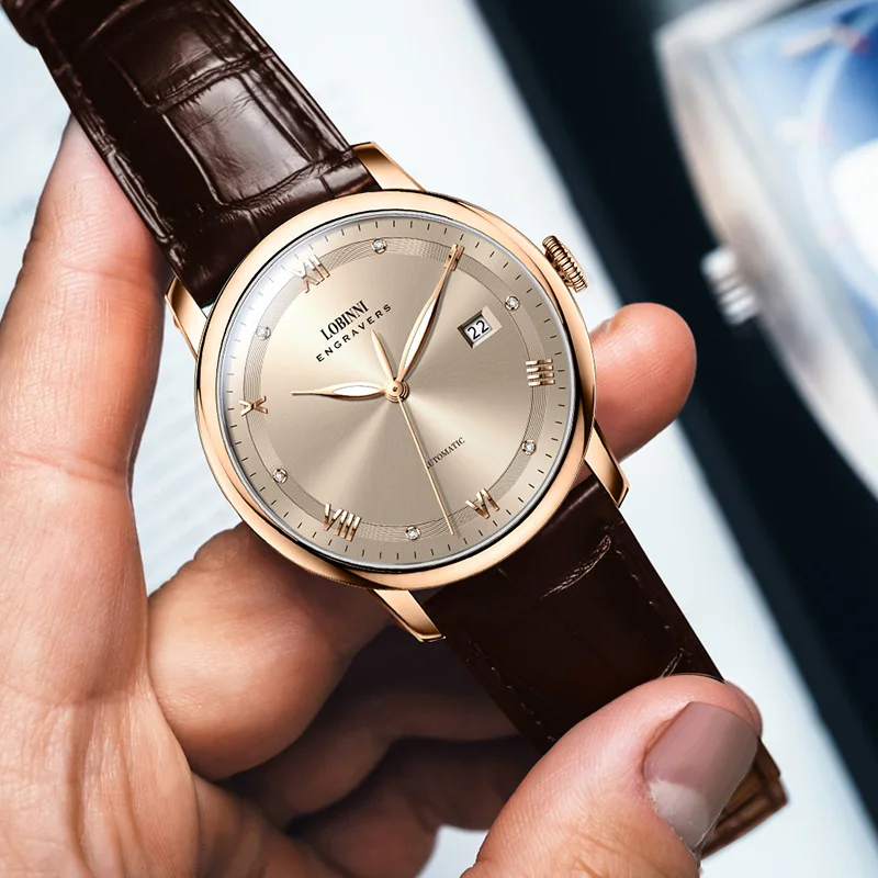 LOBINNI Fashion 41mm Men's Dress Watch Male Rose Gold Color Luminous 5Bar Waterproof Automatic Watches