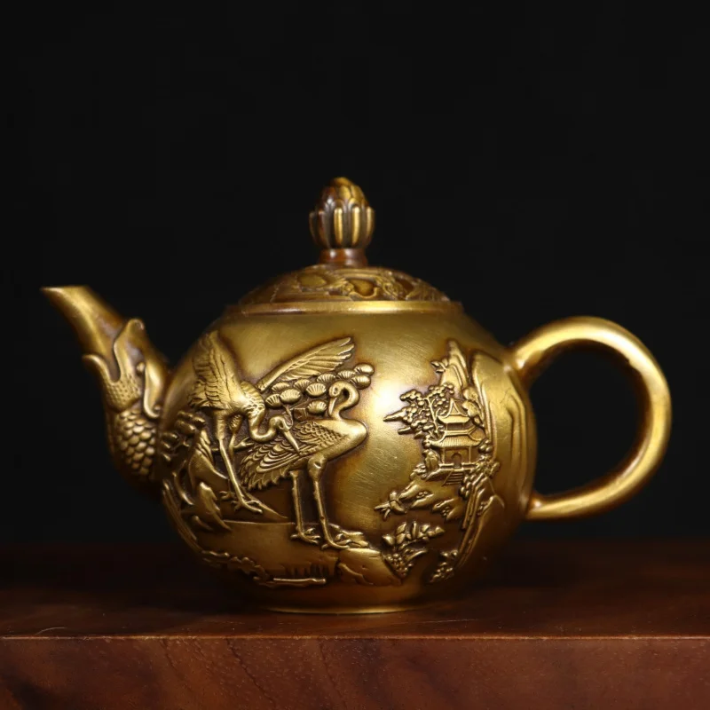 

Antique Copper Landscape Crane Wine Pot Ornament Retro Collectible Home Decor for Study Office Decoration