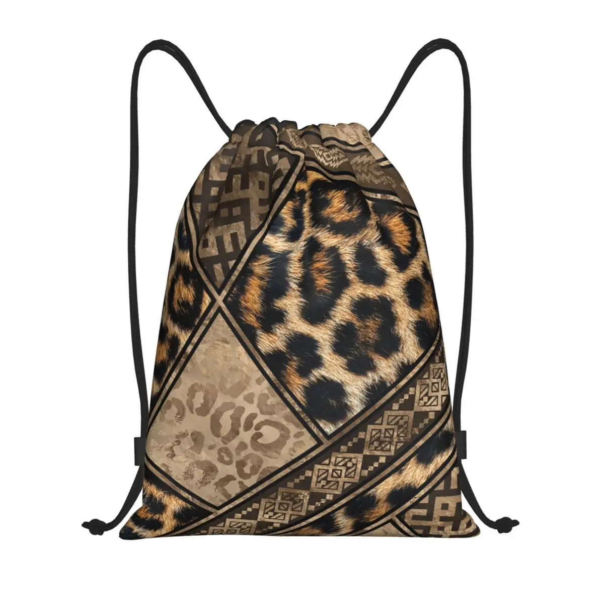 Ethnic Ornaments Brown Animal Leopard Print Drawstring Backpack Bags Lightweight Leopard Skin Gym Sports Sackpack Sacks for Yoga