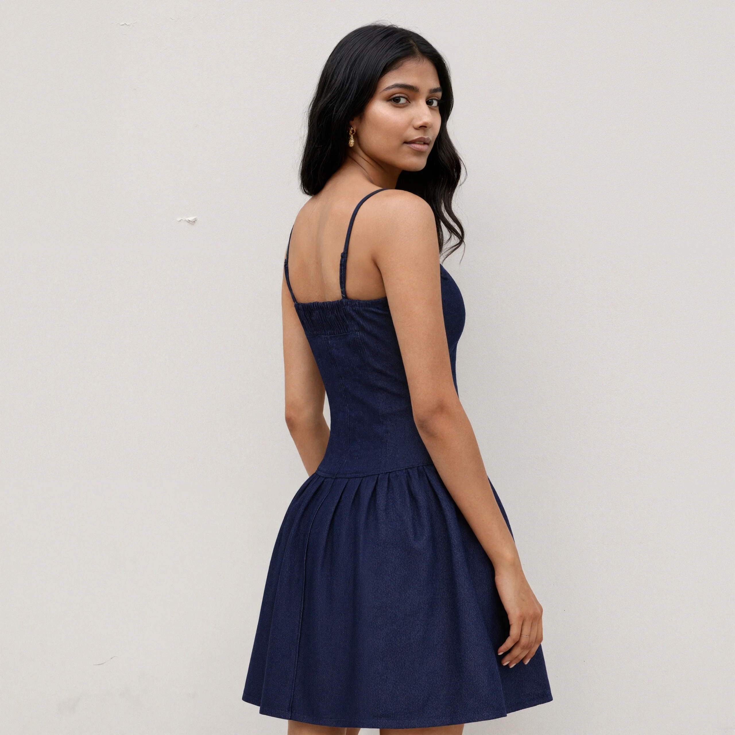 فستان نسائي قصير من قماش الدنيم المقلد على شكل حرف a فستان كامي من قماش الدنيم بدون أكمام مشد علوي للعطلات الصيفية تنورة جينز #6