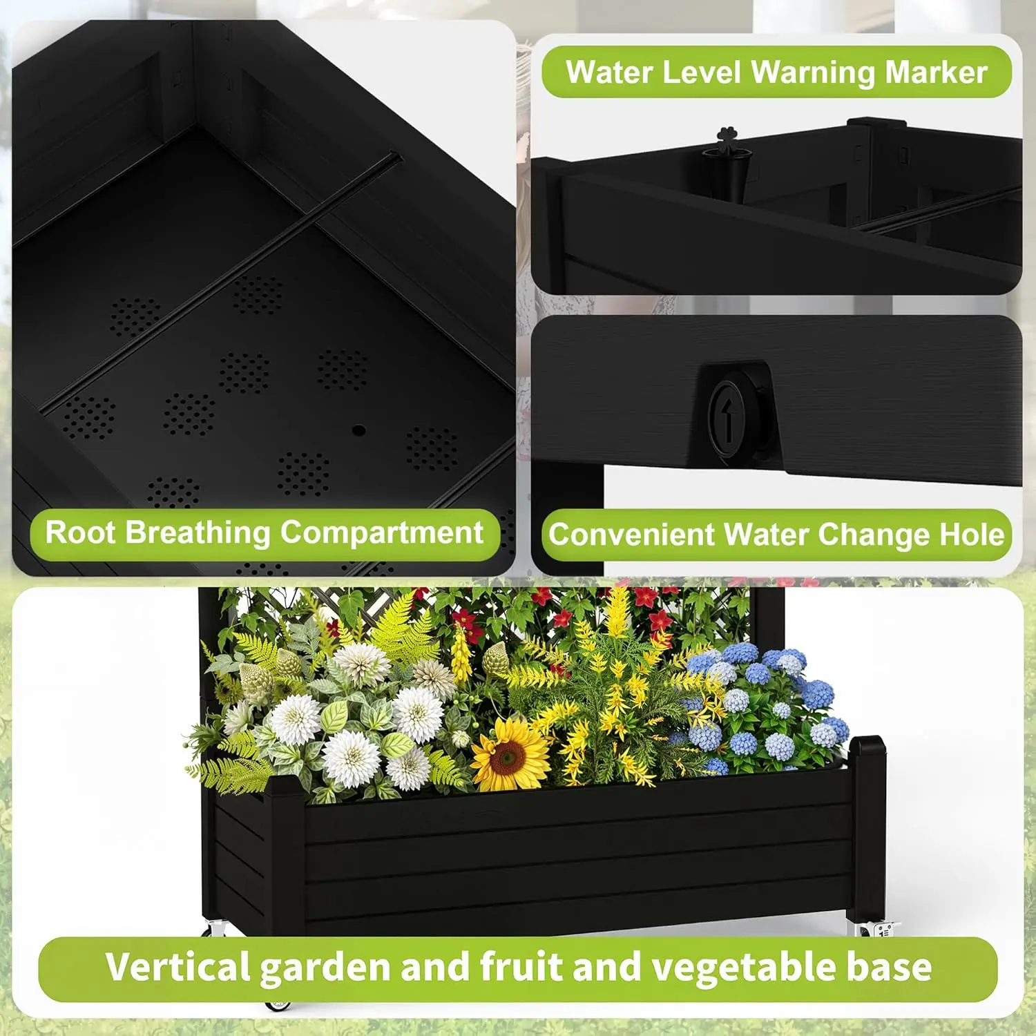 Raised Garden Bed with Trellis, 21 Gallon Self Watering Planter Box with Lockable Wheels & Drainage Holes for Climbing Plants Vegetables Flowers, Anti-Rust Resin for Backyard Patio (Black) view 5