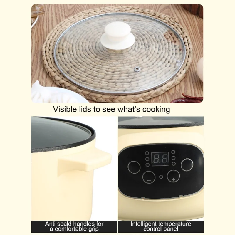 Smart Electric Pot 26cm Khaki Anti Stick Reservation Temperature Control Anti Dry Burn With Steam Basket