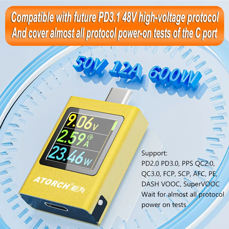 Imagem -03 - Display Digital Amperímetro de Tensão Medidor Banco de Potência G-sensor Tipo-c Carregador de Celular Capacidade Tester 600w Dc4.550v 012a Pd3.1