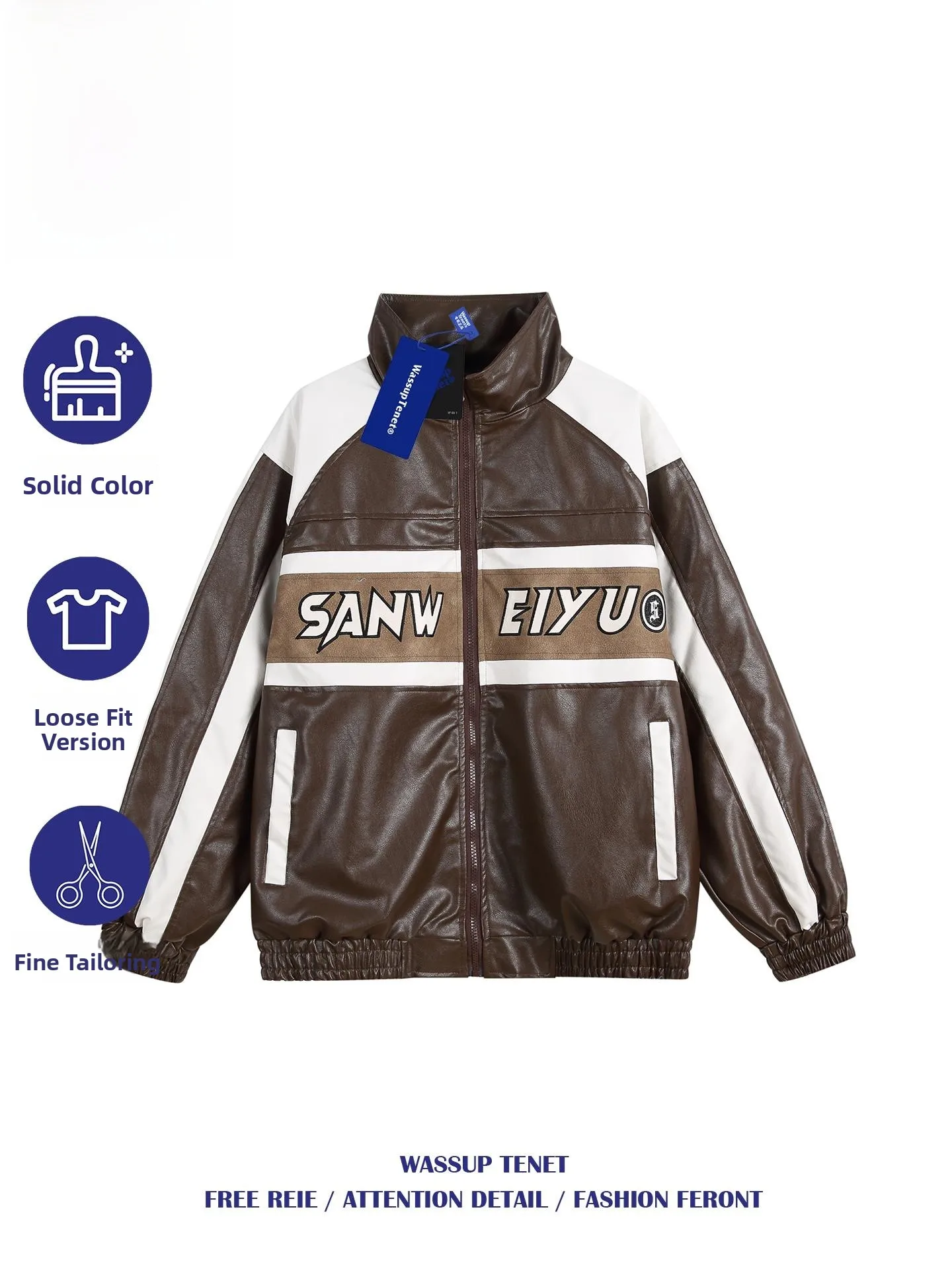 

Wassup Tenet American Retro Pilot Leather Jaet Men's Casual Outerwear Top Loose Fit Polyester Fiber Regular Length