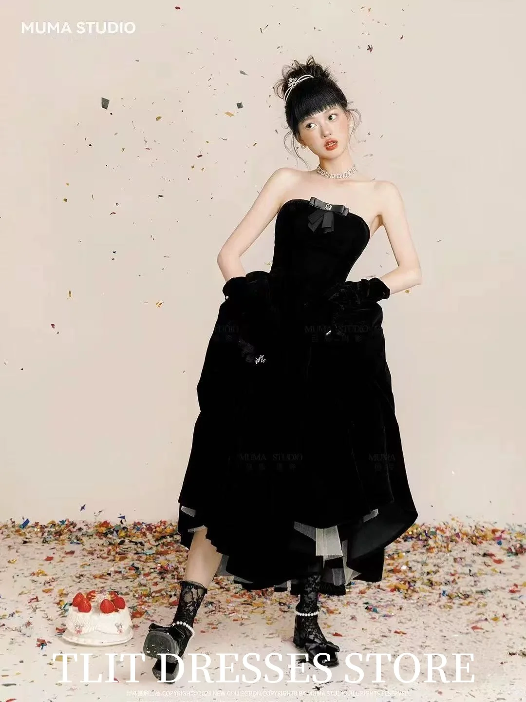 فساتين سهرة جميلة بفيونكة من الساتان الأسود من TLIT بدون حمالات قفازات سوداء فساتين حفلات زفاف كورية لالتقاط الصور حسب الطلب