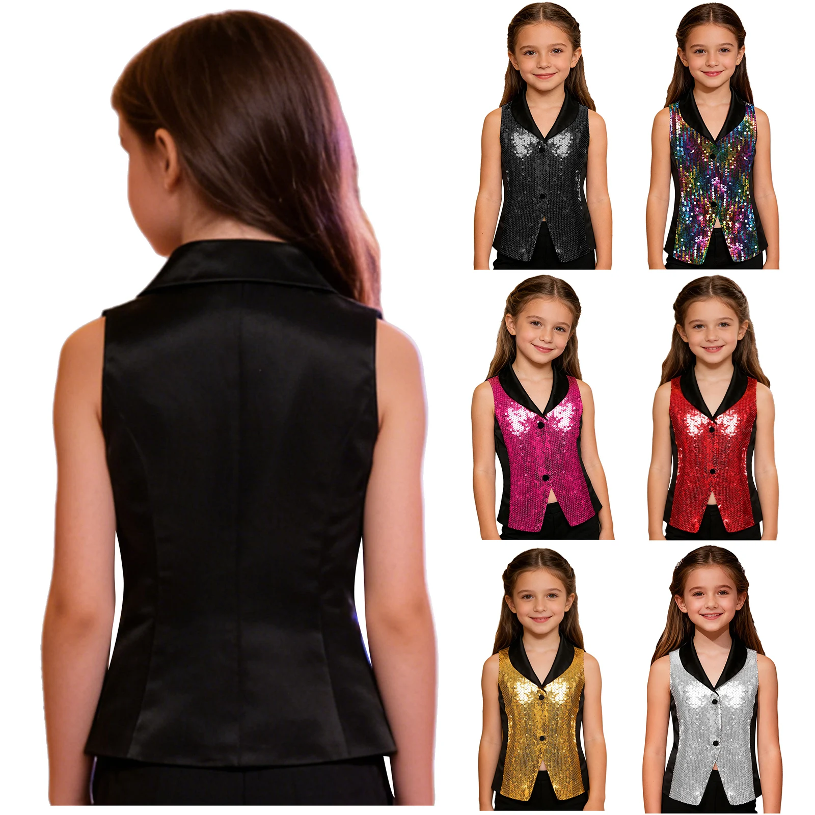

Kids Girls Sparkly Sequin Formal Suit Vest Lapel Satin Waistcoat Tank Top Hip-hop Disco Jazz Dance Vest Banquet Pageant Costume