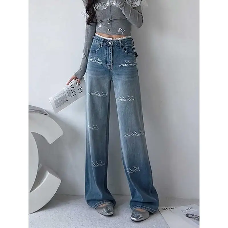 

Fashionable Wide Leg Jeans Women's High Waist Slimming Straight Cut Denim Pants Drapey Waist Splicing Spring Summer New Arrival