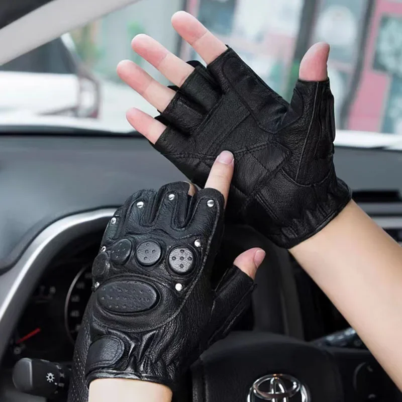 Half Finger Cycling Motocycle Breathable Mitten Gym Fitness Workout Gloves Rivets Black Leather Glove for Motorbike Driving