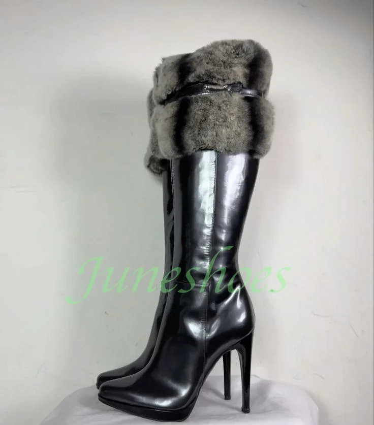 

Женские черные ботинки до колена с острым носком, мехом и перьями, в стиле винтаж, ретро, панк, гладиаторские, на шпильке, зимние, для подиума