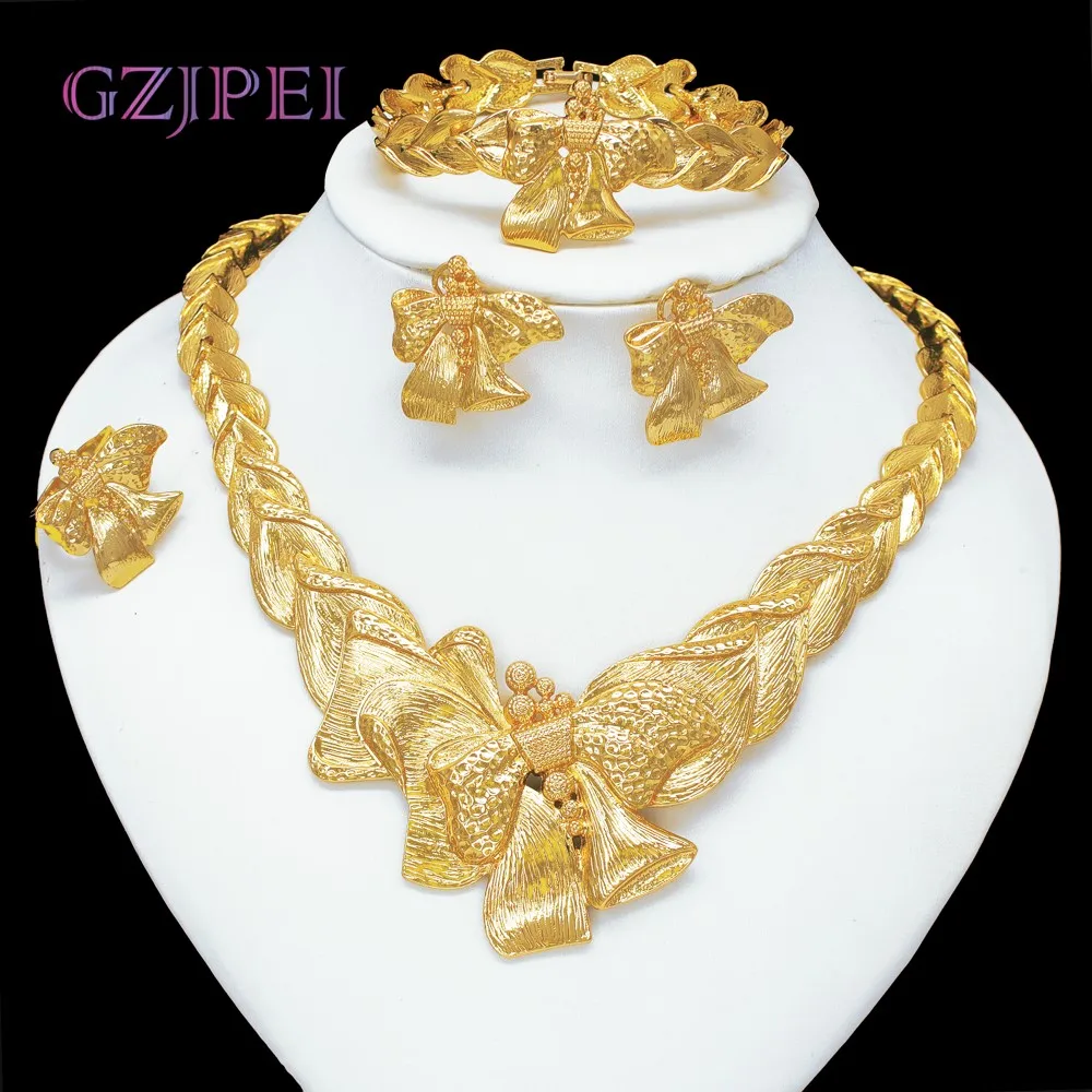 

GZJPEI 18K Gold Plated Bow Jewelry Set For Women Exquisite Wheat Link Hand Chain Bracelet Statement Big Choker Necklace 2025 New