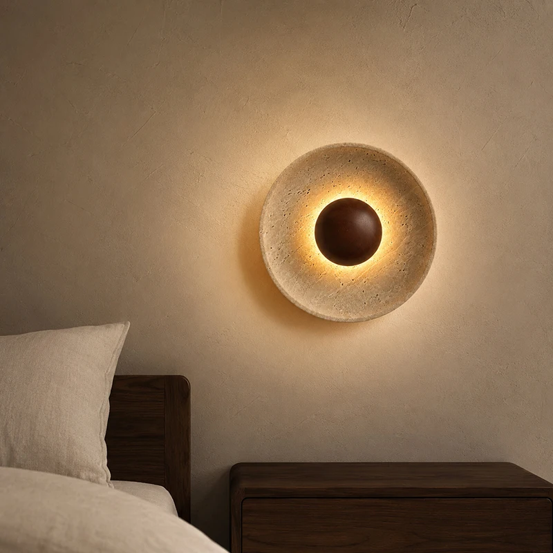 Natural Travertine LED Wall Lamp Stone Bowl Wooden Base Wall Sconce  for Bedside Bedroom Living Room  Hallway Lighting Fixture