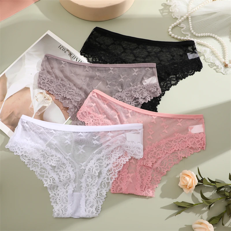 FINETOO 5PCS Women\'s Perspective Lace Panties Sexy Hollow Out Underwear Briefs Female Solid Color Lingerie Floral Intimates S-XL