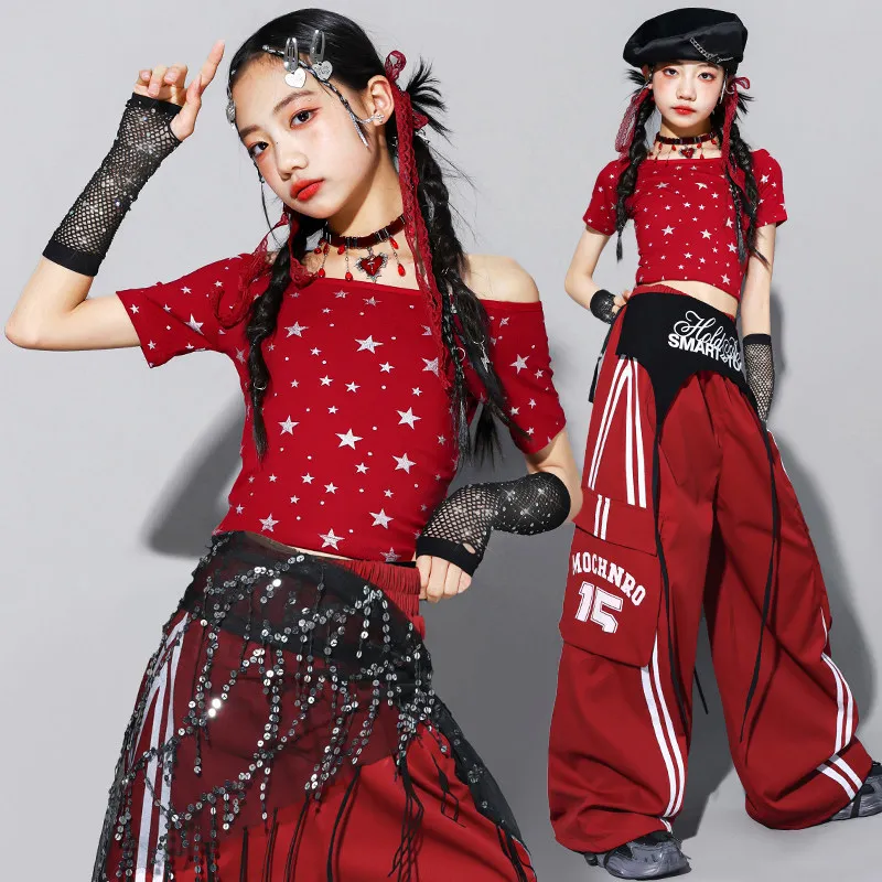 2026 New Girls Red Bow Crop Sweatshirt Cargo Pants Child Street Dance Costume Kids K-pop Streetwear Jazz Girl Group Clothes Sets