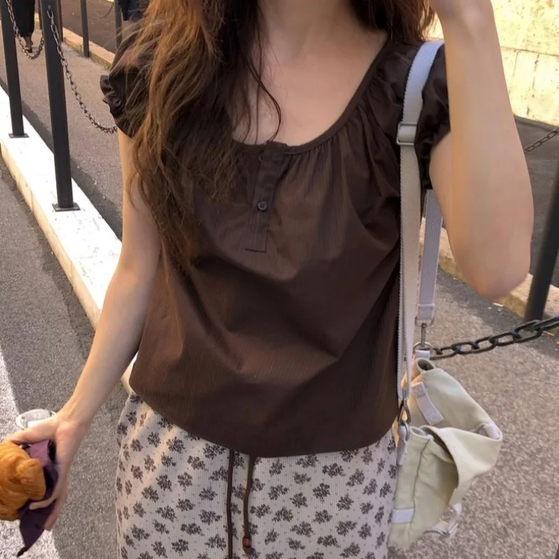 

Spring Summer Women's Shirt Korean Style Pure Color Cute Bubble Sleeve Earlet Lace Trim Button Short Sleeve Top Commute Style