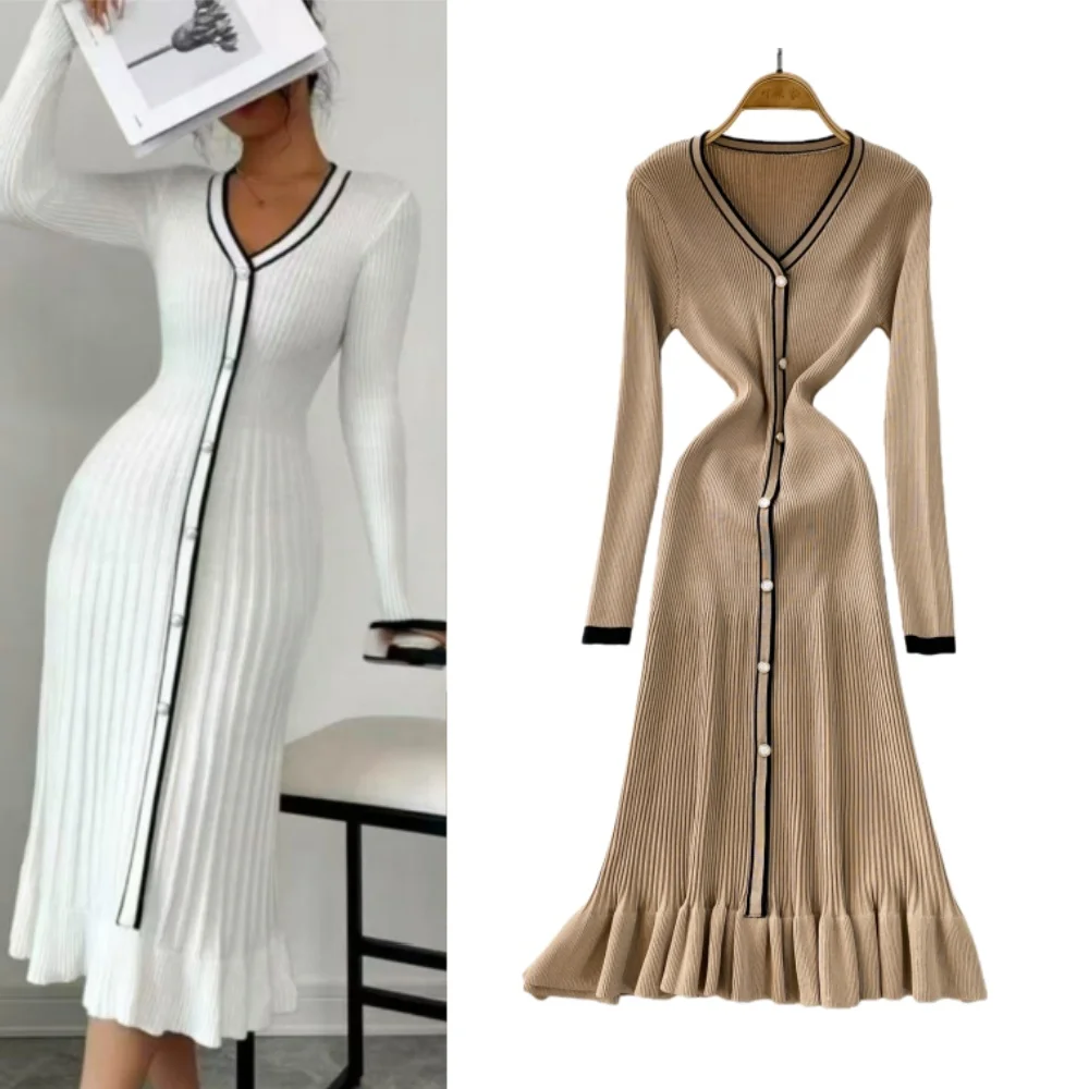 Realeft outono inverno único breasted feminino de malha vestidos longos manga longa com decote em v casual solto coreano sereia vestido feminino