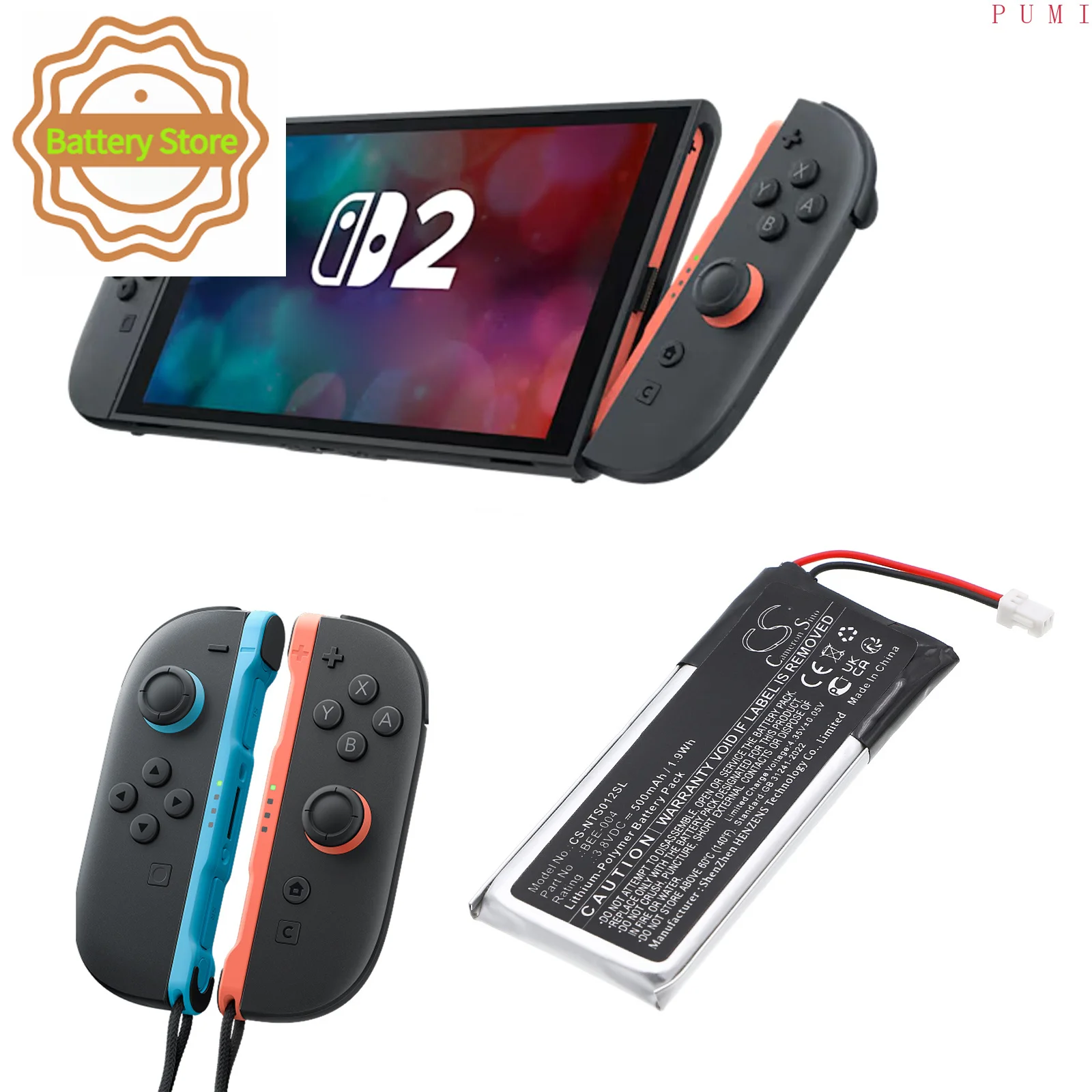 CS Replacement Battery for Nintendo BBE 012,BBE-012,Switch 2 Joy-Con 2 PN:BEE-004 500mAh / 1.9Wh