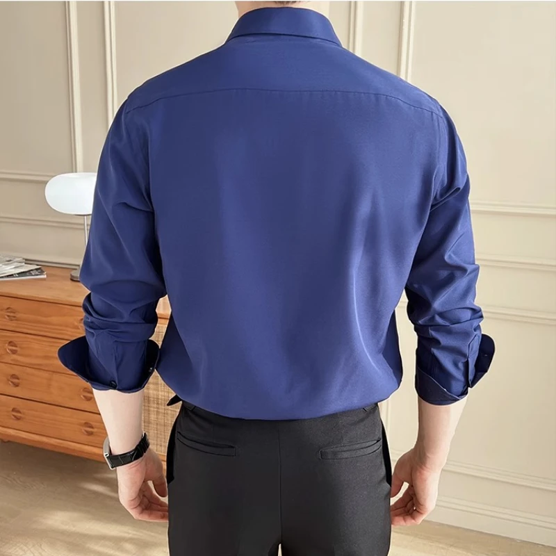 Business Casual Men's Solid Color Slim Fit Shirt, Stretchable, Suitable, Breathable, Daily Commute Long Sleeve Shirt. M-4XL