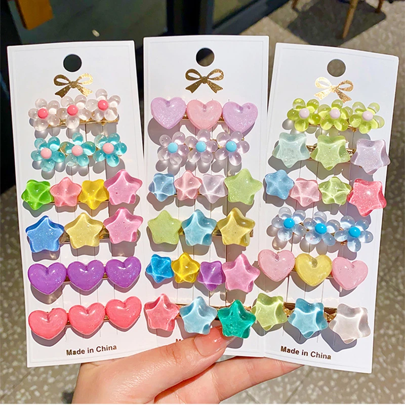 【14 Piece Set】Hair Accessories For Children Candy Colored Star Hair Clips Bangs Side Clips Popular Fashionable Duckbill Clip