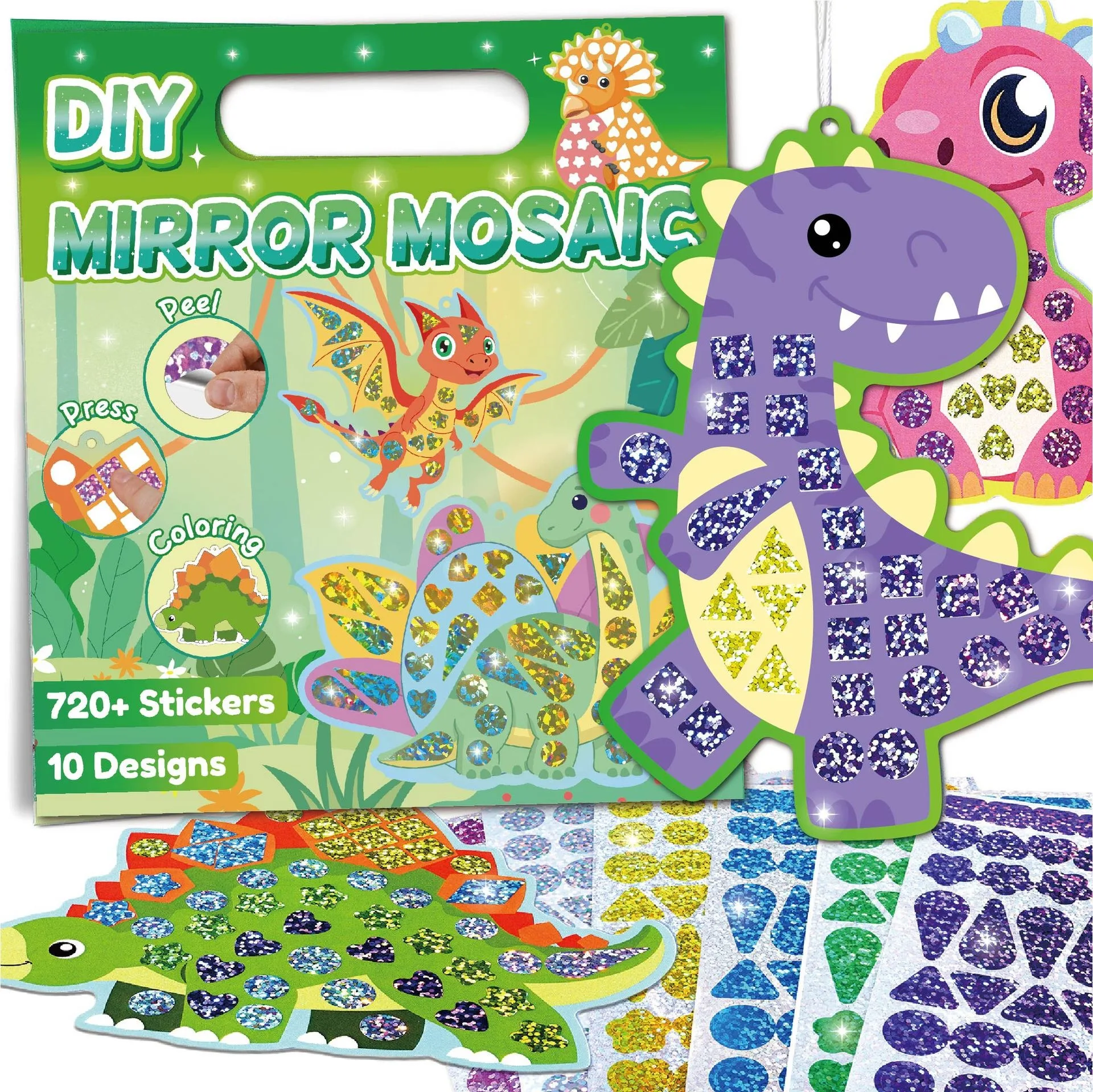 Dinosaur-Themed Mosaic Sticker Set for Children, Educational Early Learning DIY Craft, Shiny Mirror Coloring Toy, Adhesive Stickers for Baby's Creative Painting