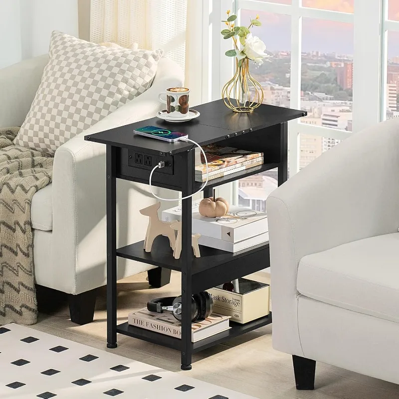 Station Set of 2,Narrow Side Table with USB Ports and Outlets,Black Skinny Nightstand with Stora