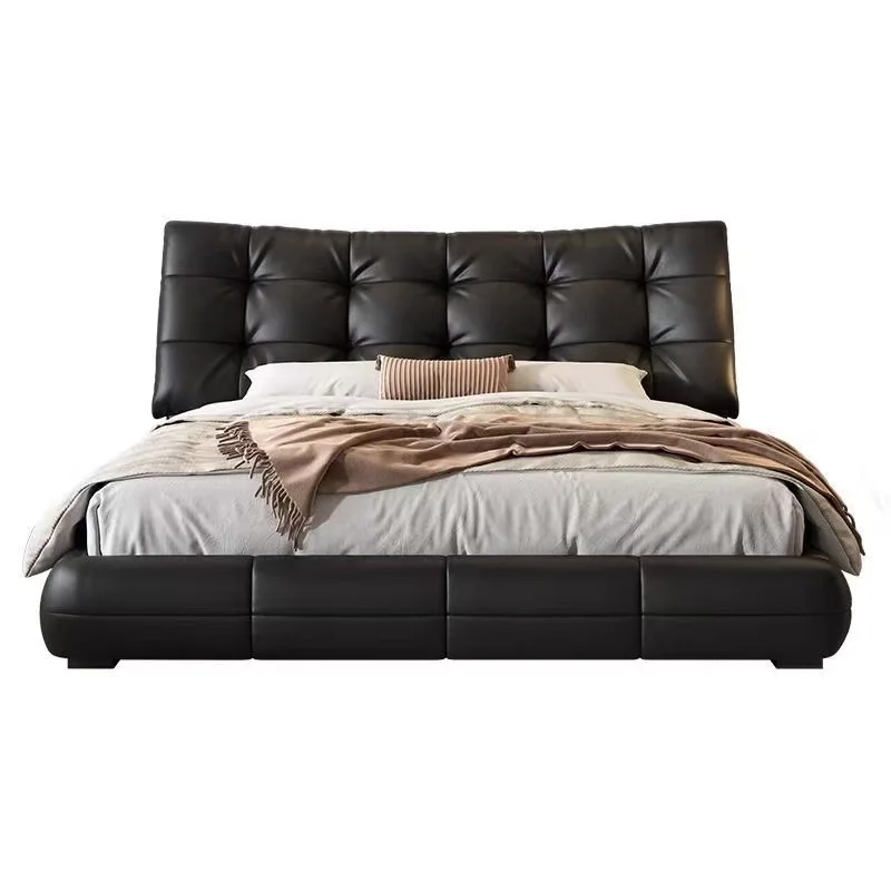 

Italian minimalist leather bed first layer cowhide black modern minimalist high-end atmosphere master bedroom light luxury doubl