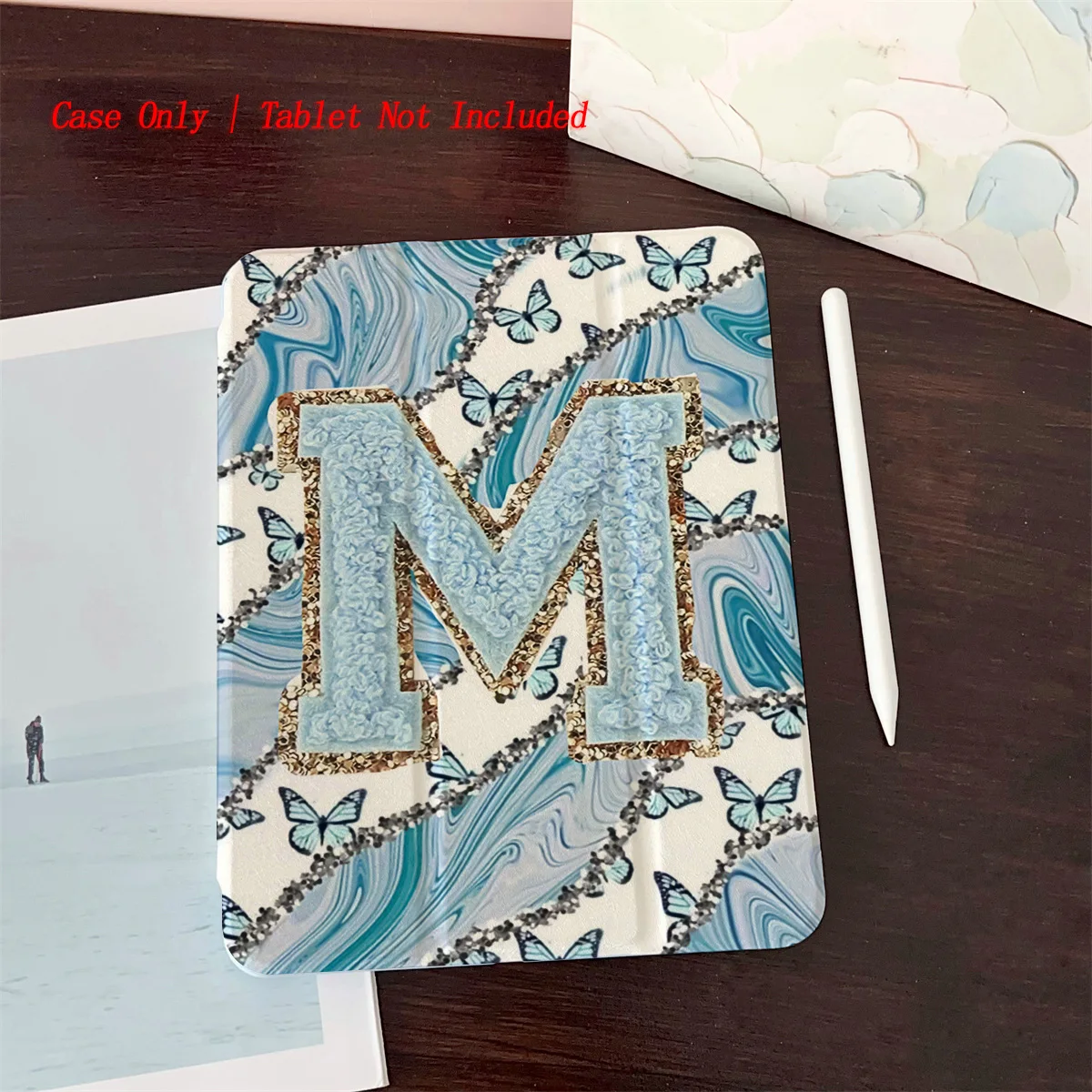 

Elegant Blue & Gold Large M Design iPad Case For Apple iPad Pro 12.9 Air 5 Mini 6 9th Gen Slim Anti-Scratch Cover