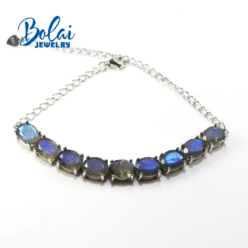 

17ct natural Blue Labradorite Bracelet oval 6*8mm 9 piece real india gemstone 925 sterling silver fine jewelry for women wear