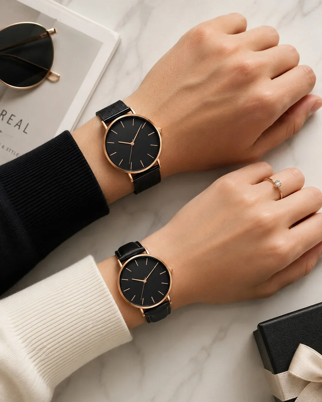 Luxury Simple Couple Watches Set 2Pcs Thin Round Dial Mesh Strap & Leather Band Quartz Wristwatches For Men Women Couple Gift