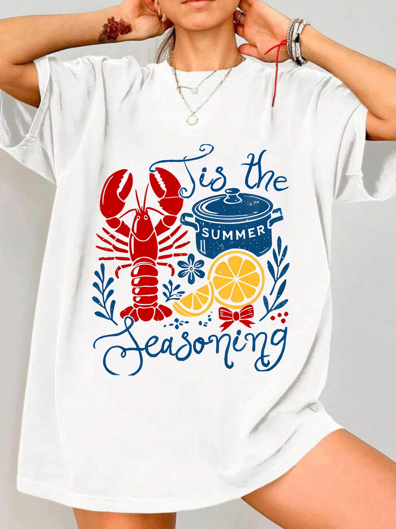 

Женская футболка с круглым вырезом и лобстером, лимоном, с коротким рукавом, модная рубашка с коротким рукавом и принтом, эластичная футболка