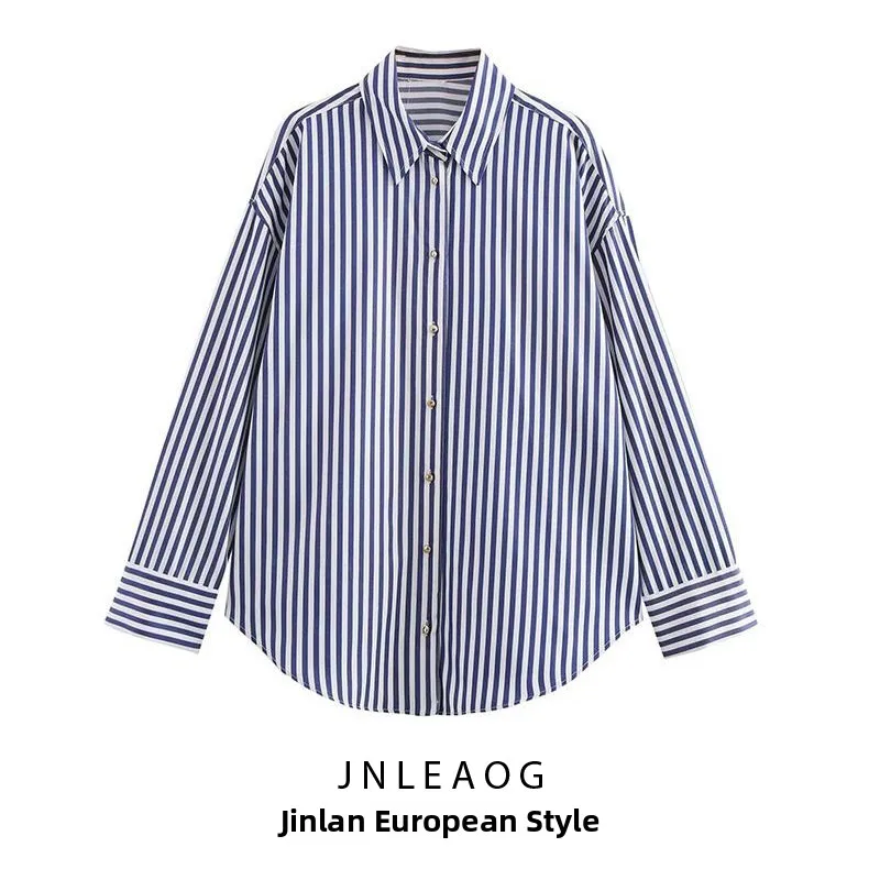 

JNLEAOG Spring New Women's Faion Simple Metal Color Stripes irt Loose Fit Long Sve Polyester Fiber Slimming Effect