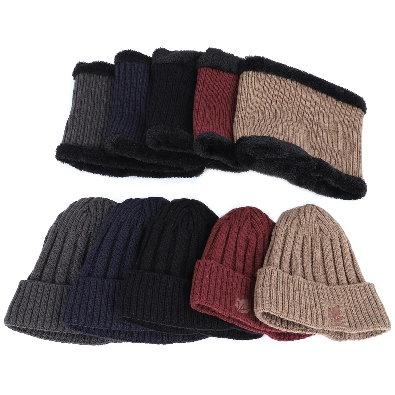 2022 New Fashion Men\'s Winter Knit Beanie Scarf Brand Maple Leaf Thick Lining Plus Velvet casual hat Solid color Soft Cap Bonnet