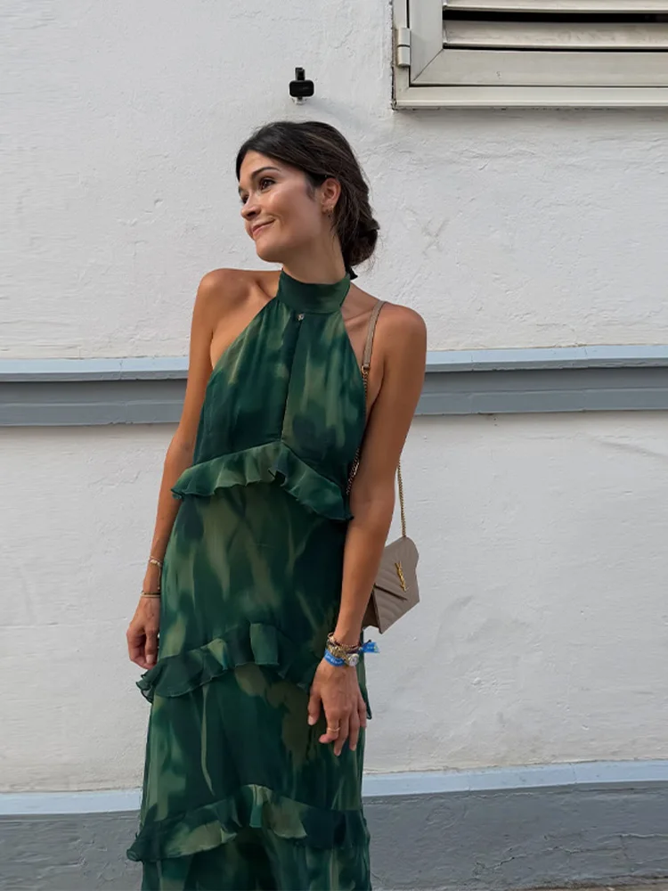 Vestido Maxi con Estampado Floral, Cuello Halter, Recortes y Volantes en Capas, Sin Mangas, Verano 2026, Vestido de Vacaciones para Mujer, Estilo Boho, Vestido de Moda