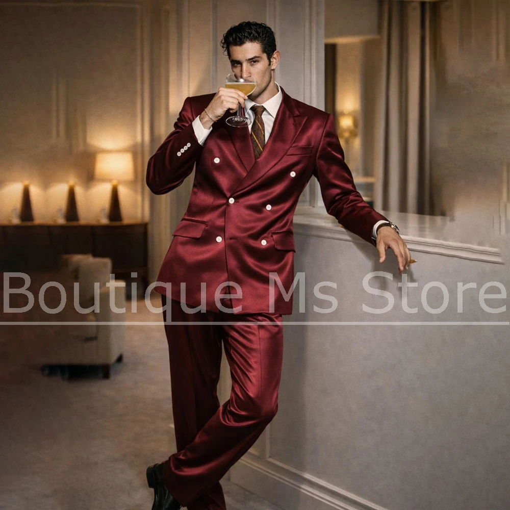 Men's Burgundy Satin Suit Double Breasted Peak Lapel Tuxedo 2 Piece Wedding Prom Party Gentleman Outfit Jacket and Pants