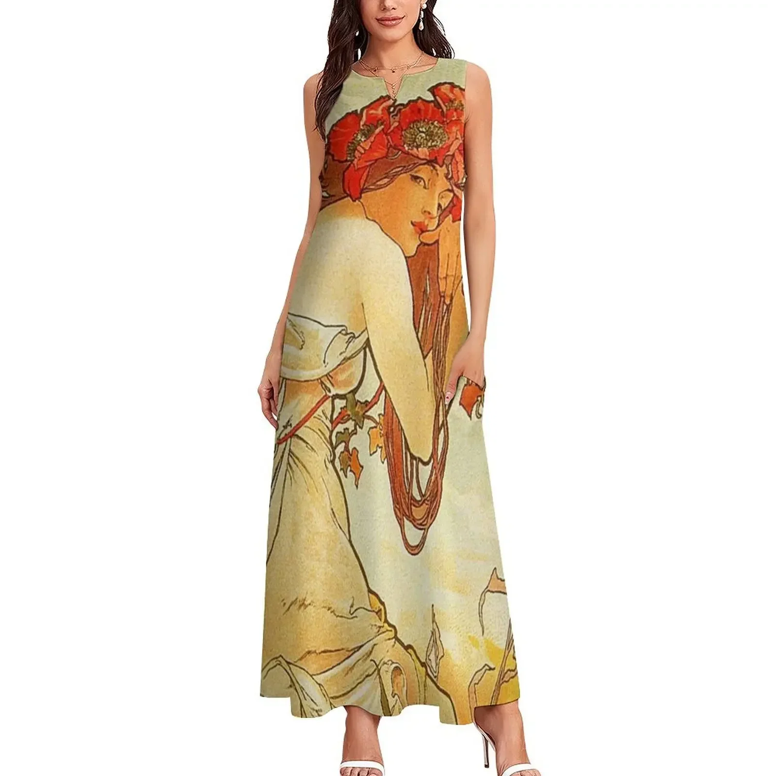 HD. Letnia suknia Alphonse'a Muchi (1896), długa sukienka w wysokiej rozdzielczości, luksusowa sukienka damska na przyjęcie, sukienka wieczorowa na bal maturalny.