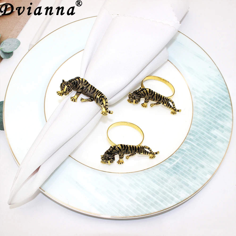 Tiger Napkin Rings 6Pcs Antique Gold Metal Animal Napkin Holder Retro Themed Party Banquet Dining Table Decor Accessories