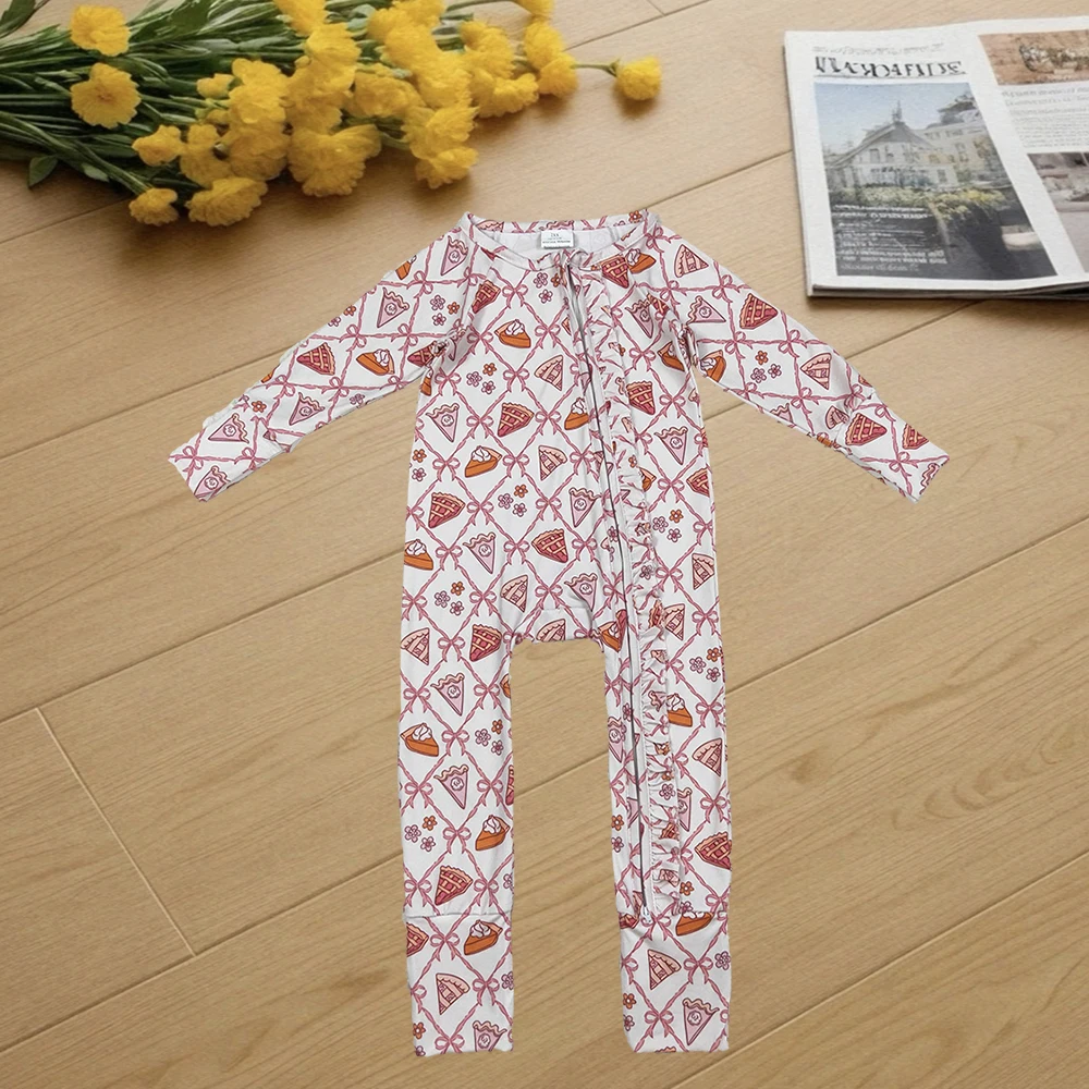 

9.24 Baby Winter Rompers Baby Girls Pink Bows Thanksgiving Cake Fall Zipper Footie Rompers