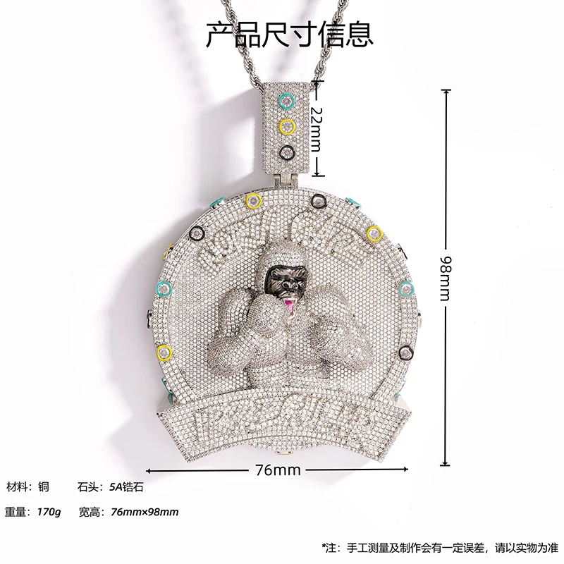 Hip Hop 5A+ CZ Stone Paved Bling Iced Out Orangutan Boxer Round Pendants Necklace For Men Charm Rapper Jewelry Silver Color