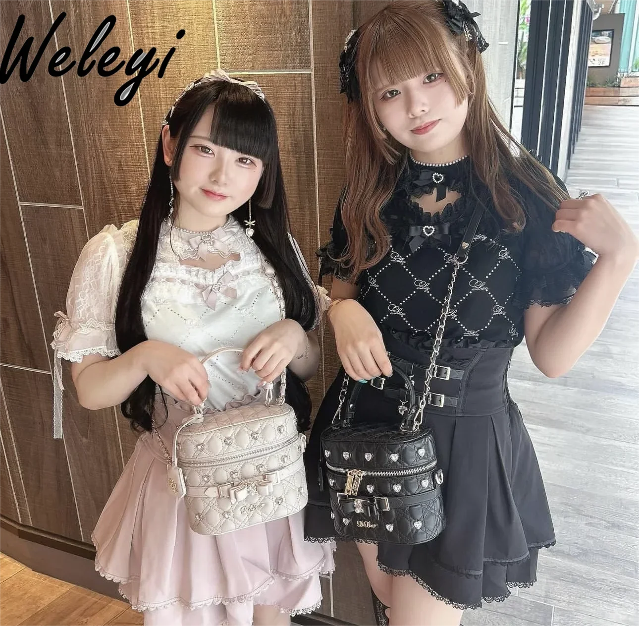 Jirai Kei Clothes Sweet Girl Mine Hot Diamond camicetta donna stile giapponese Cute Hollow Out Plaid Lace Bow Bubble Top manica corta