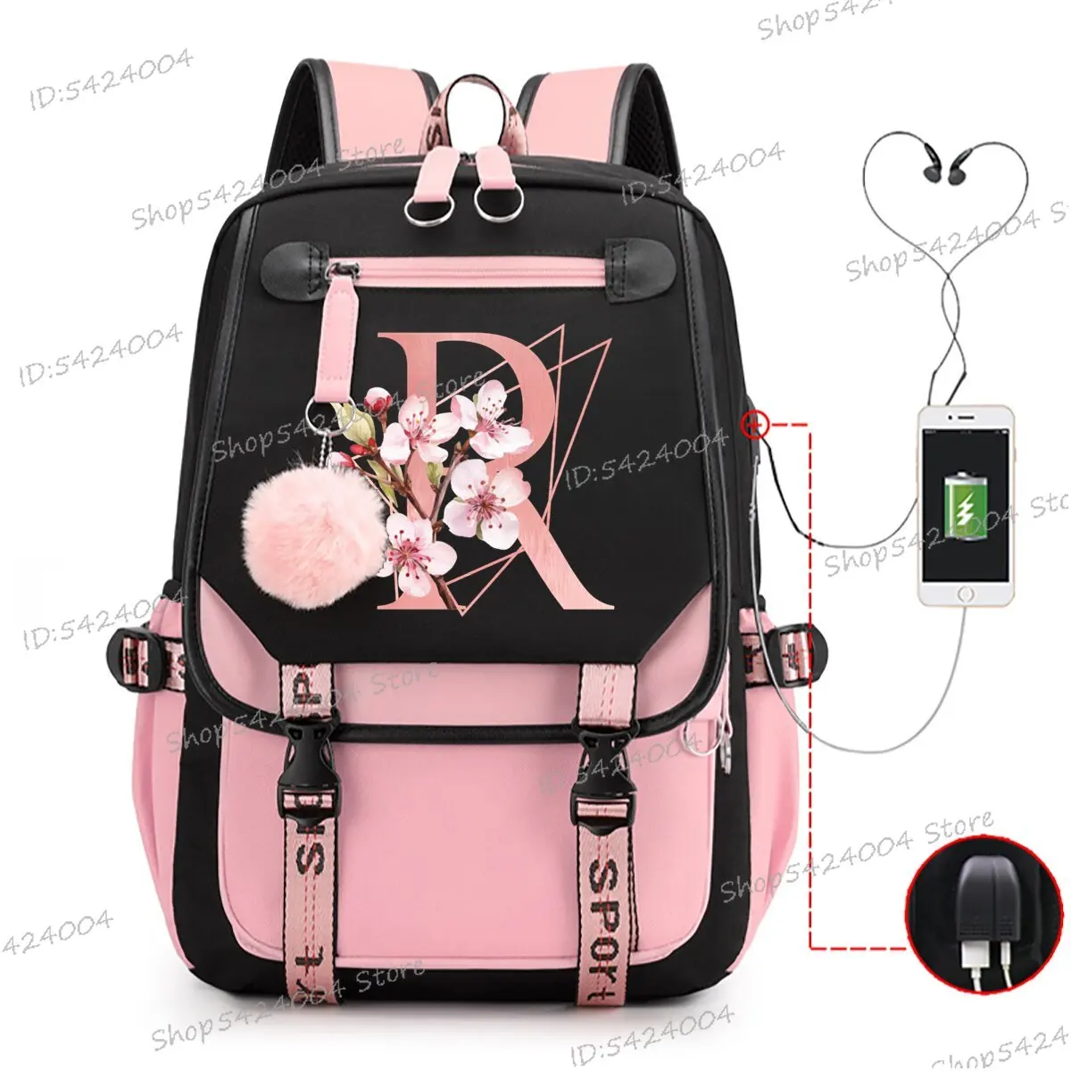 College Students School Bags Pink Sakura Letters R Fashion Travel Backpack Teenage Girls Black Pink Satchel A-Z Cartoon Satchel